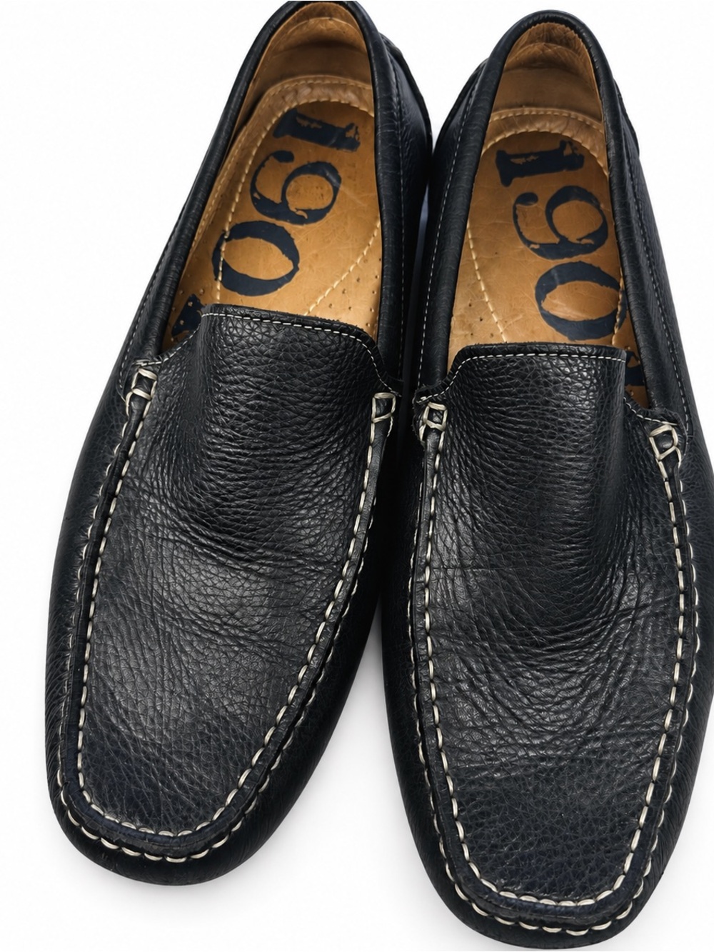 1901 Black Leather Moc Toe Slip-On Loafers